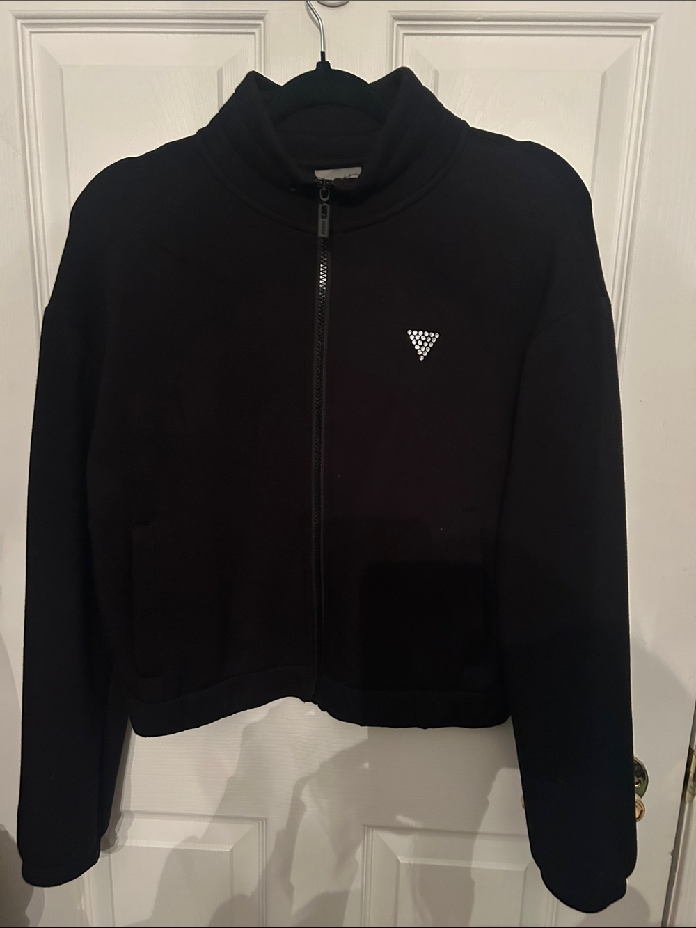 Guess Black Women's Zip Front Bomber Jacket with Embellished Logo